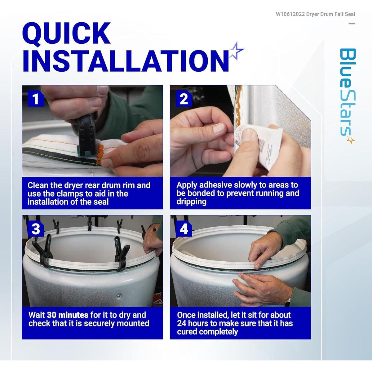 Four-step installation guide for W10612022 dryer rear drum felt seal kit showing adhesive and clamp application.