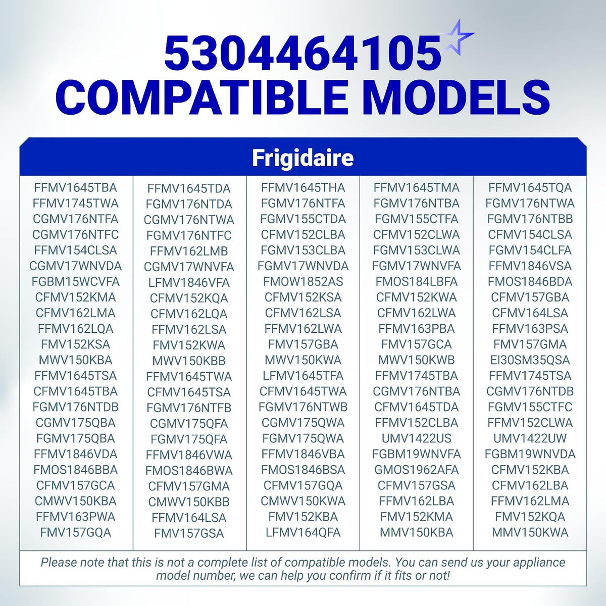 WB06X10608 Microwave Grease Filter compatible models chart listing Frigidaire microwave model numbers