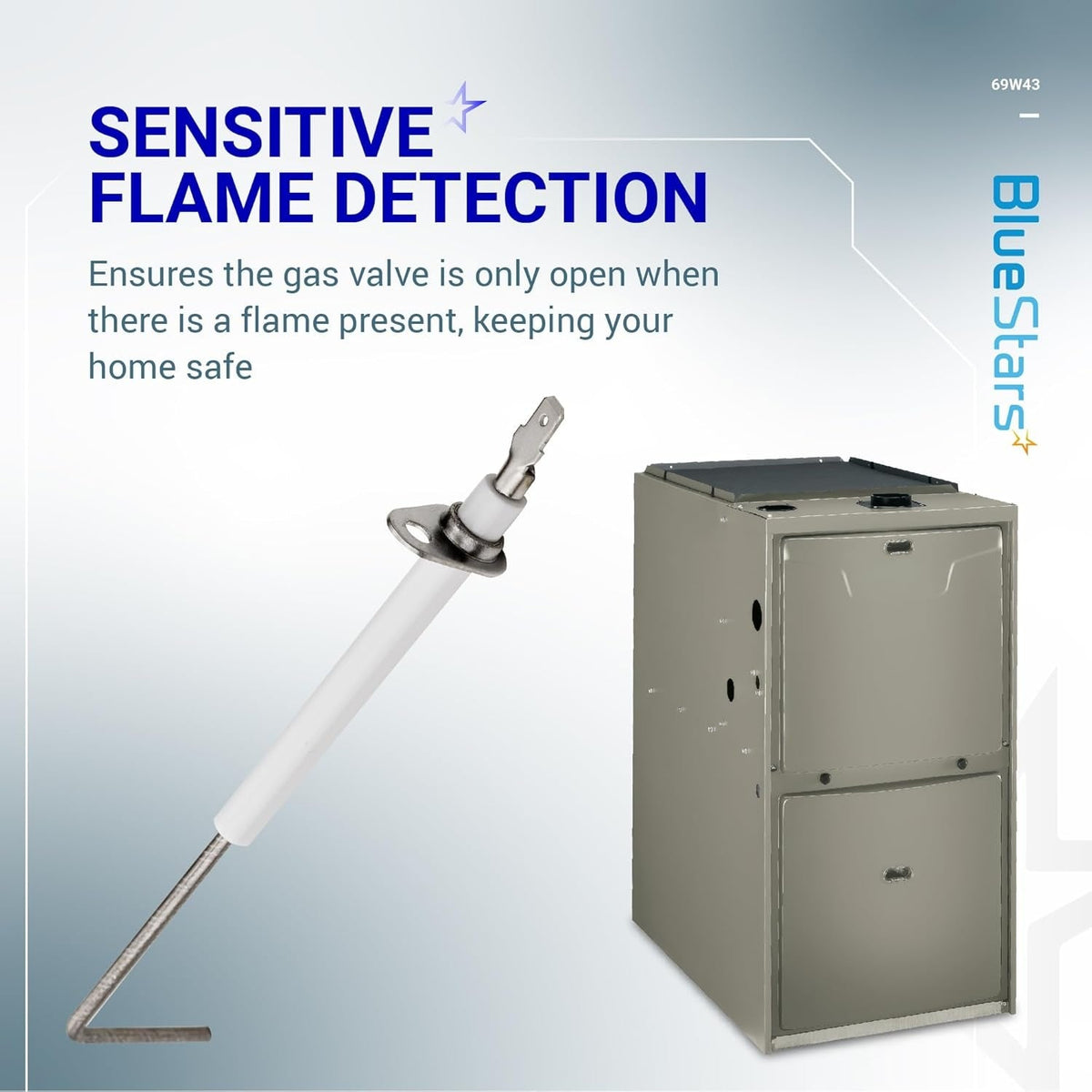 69W43 furnace flame sensor replacement part shown with a furnace unit for sensitive flame detection.