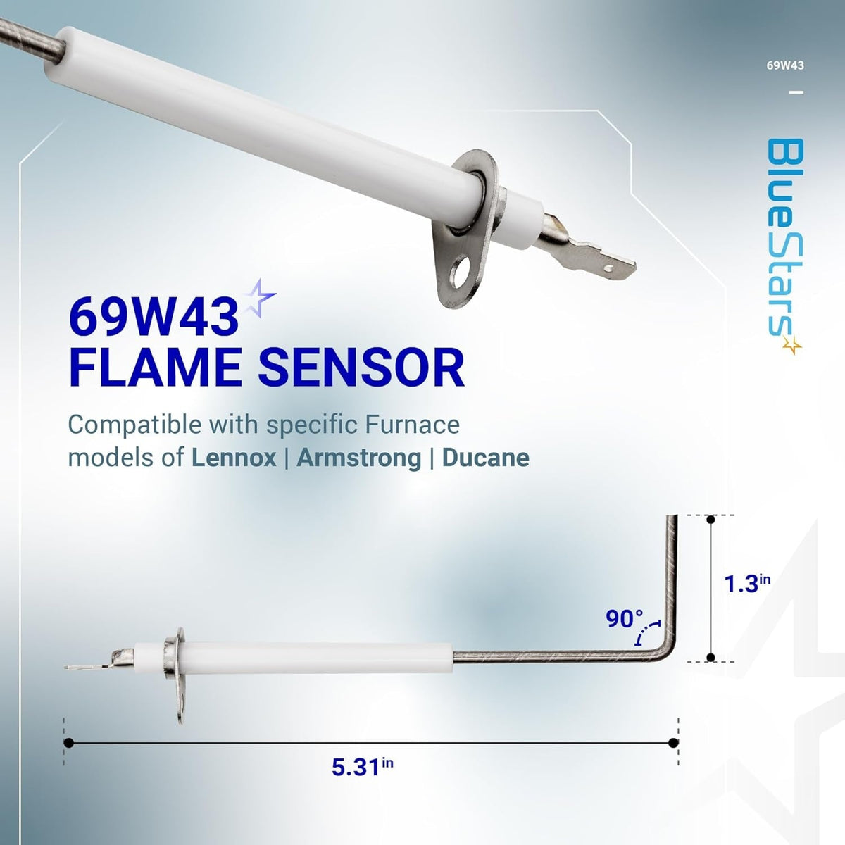 69W43 furnace flame sensor with 90-degree bend and dimensions diagram.