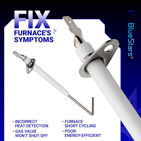 69W43 furnace flame sensor replacement part with white ceramic insulator and metal mounting bracket.