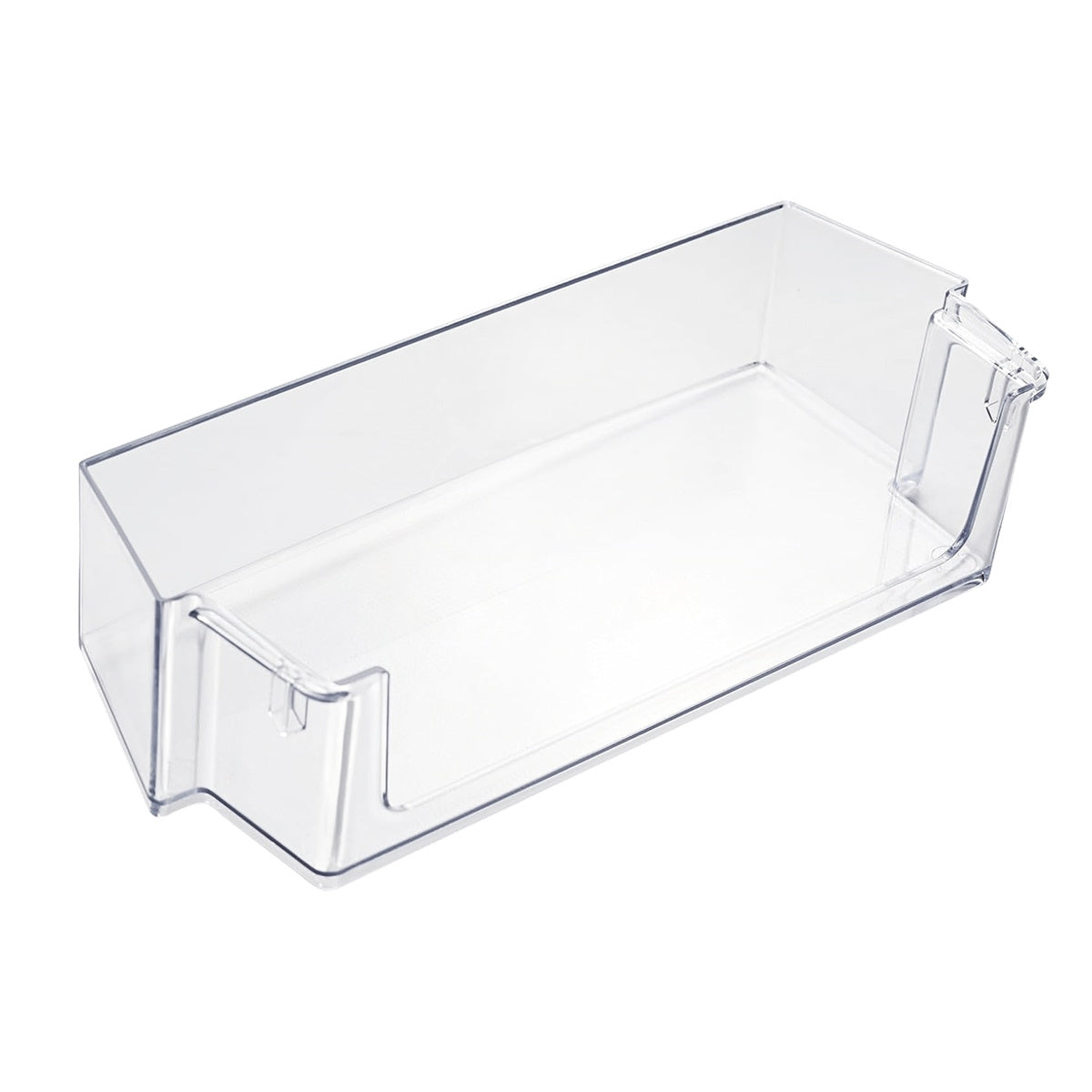 W10900538 refrigerator door shelf bin, clear plastic bin shown from an angled front view
