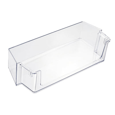 W10900538 refrigerator door shelf bin, clear plastic bin shown from an angled front view