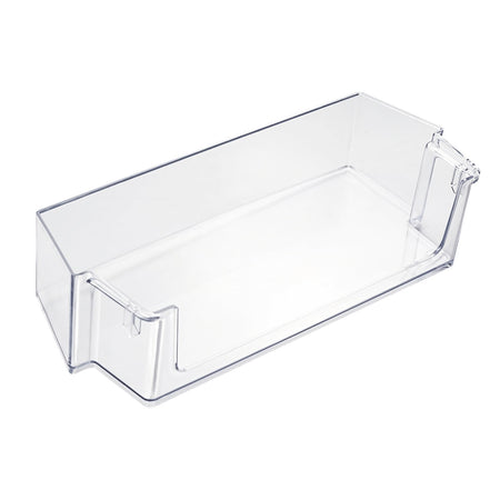 W10900538 refrigerator door shelf bin, clear plastic bin shown from an angled front view