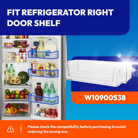 W10900538 Refrigerator Door Shelf Bin Right shown installed in a refrigerator door with highlighted shelf positions and produ