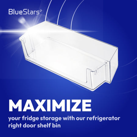 W10900538 refrigerator door shelf bin right shown as a plain product image on a blue promotional background