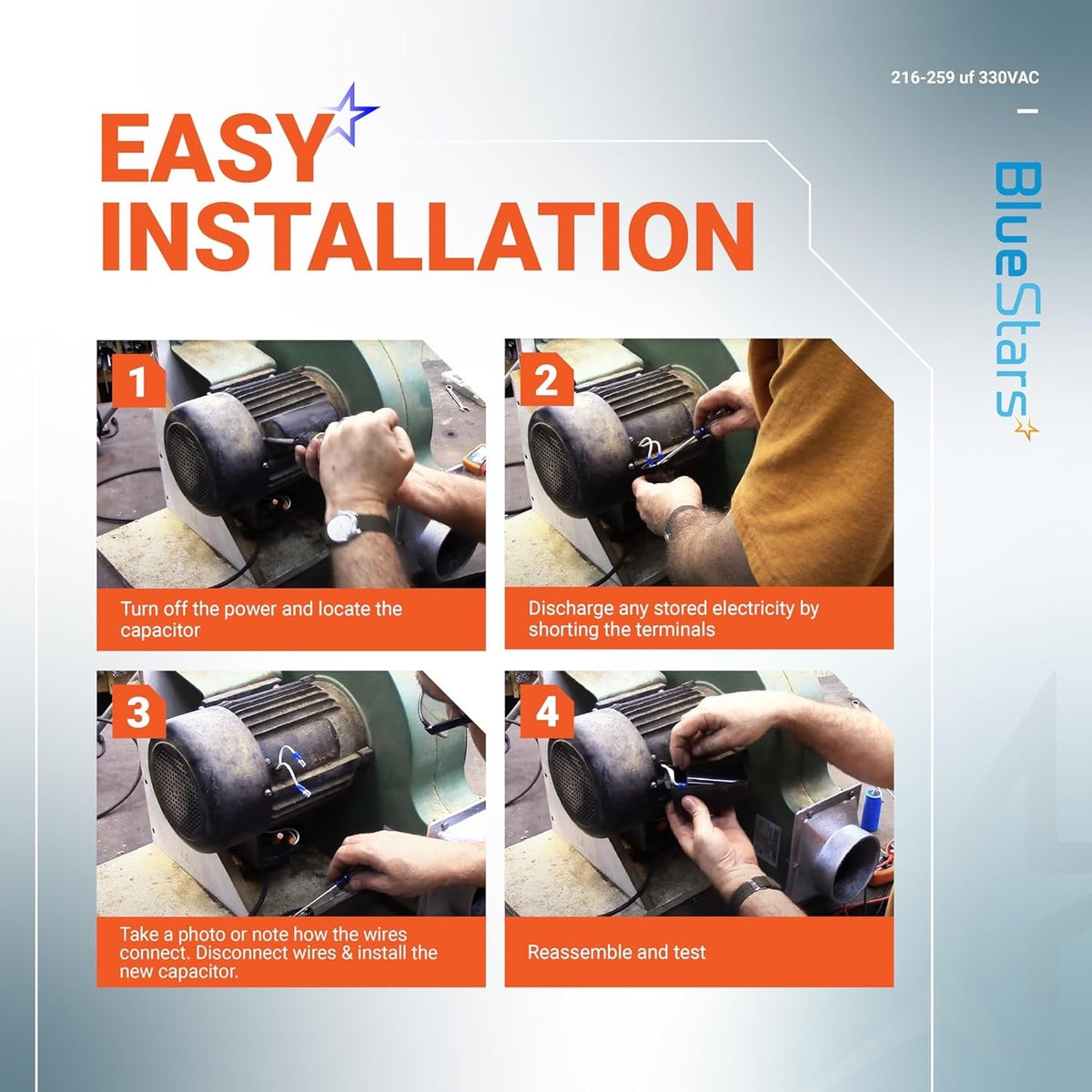 Four-step infographic showing the easy installation process for a 216-259 uF 330 VAC round start capacitor.