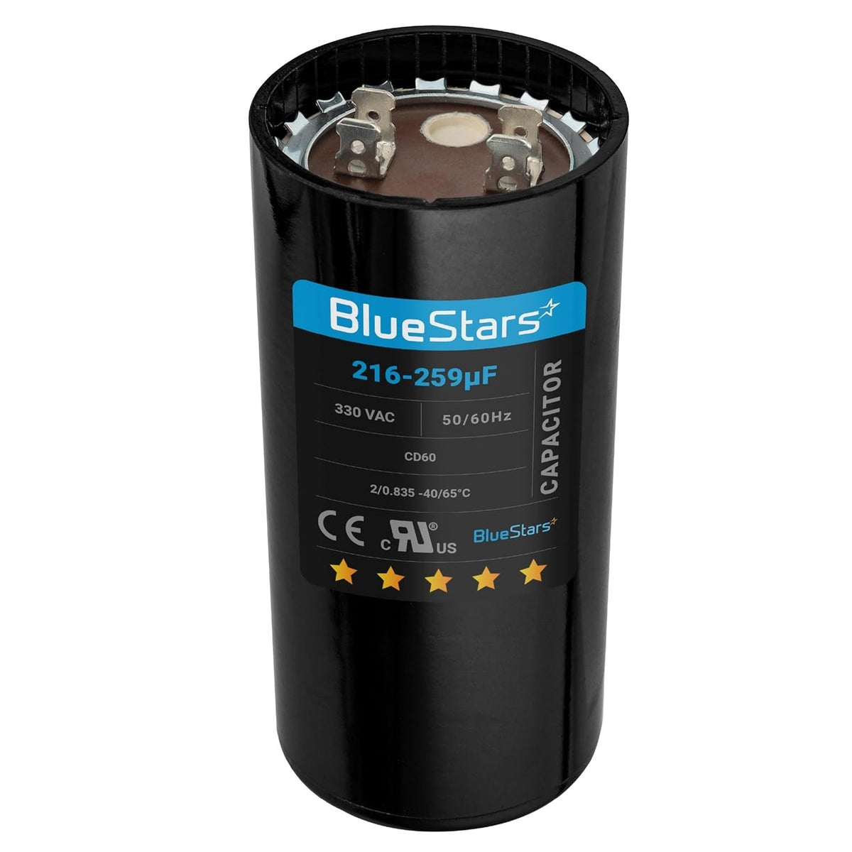 BlueStars 216-259 uF 330 VAC round start capacitor for AC motors and heat pumps.