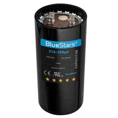 BlueStars 216-259 uF 330 VAC round start capacitor for AC motors and heat pumps.