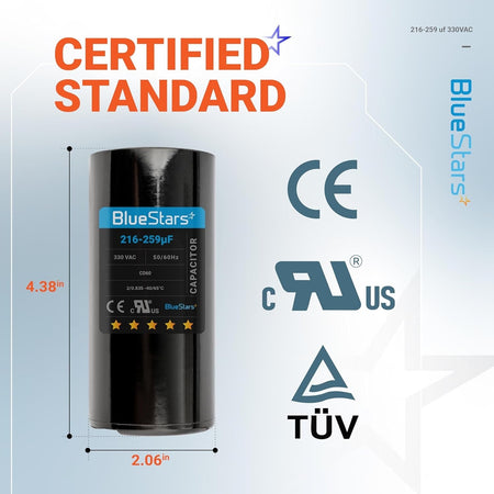 BlueStars 216-259 uF 330 VAC round start capacitor with dimensions labeled on a technical product specification graphic.