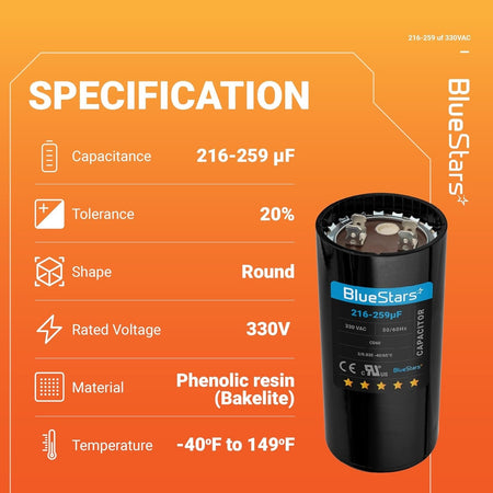 Specification chart for 216-259 uF 330 VAC round start capacitor with technical details and product image.