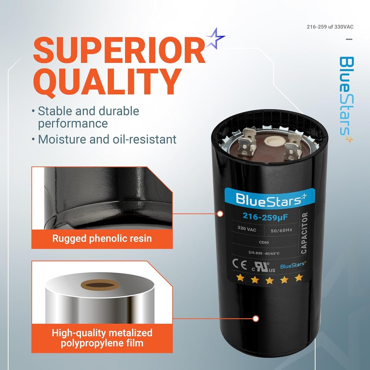 BlueStars 216-259 uF 330 VAC round start capacitor showing phenolic resin casing and internal film construction.