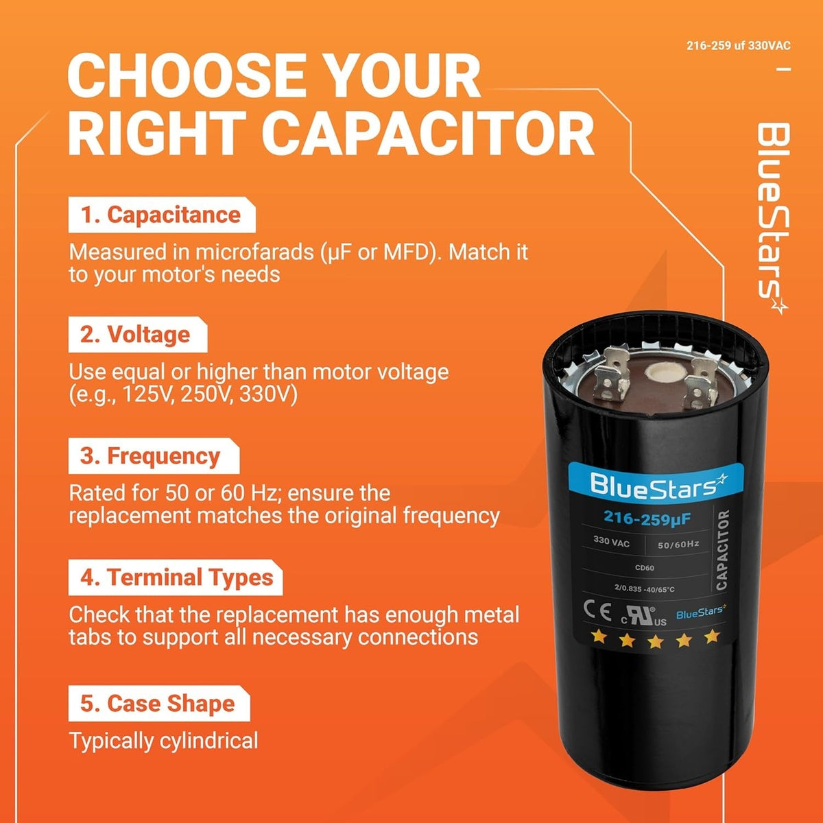 BlueStars 216-259 uF 330 VAC round start capacitor replacement guide infographic.