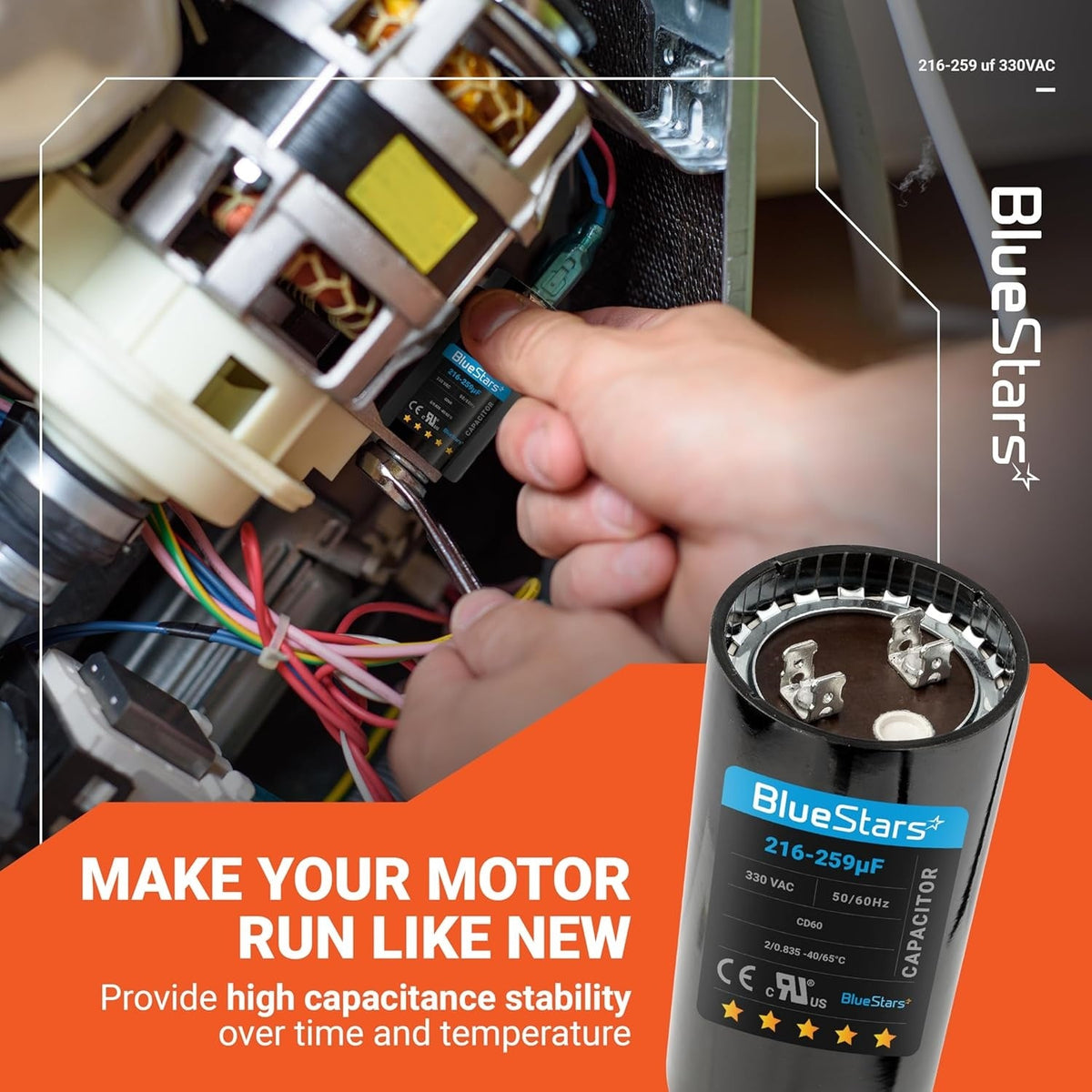 BlueStars 216-259 uF 330 VAC round start capacitor for AC motor and heat pump repair.