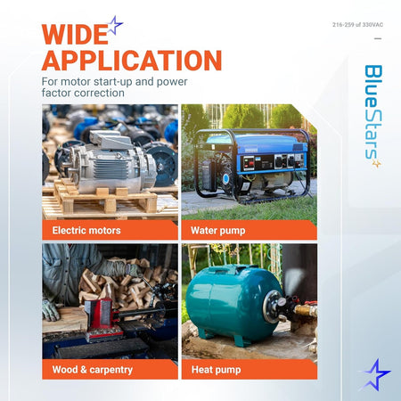 Infographic showing wide application of 216-259 uF 330 VAC start capacitor for motors, pumps, and heat pumps.