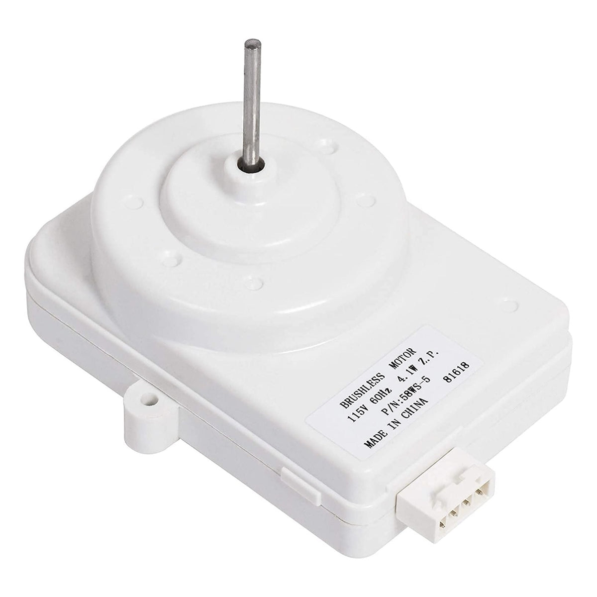 White 4-pin 115V refrigerator condenser motor with metal shaft and label detail.