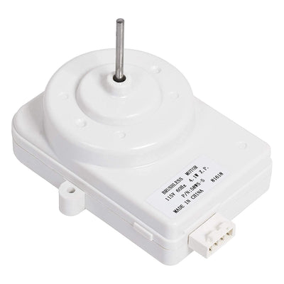 White 4-pin 115V refrigerator condenser motor with metal shaft and label detail.