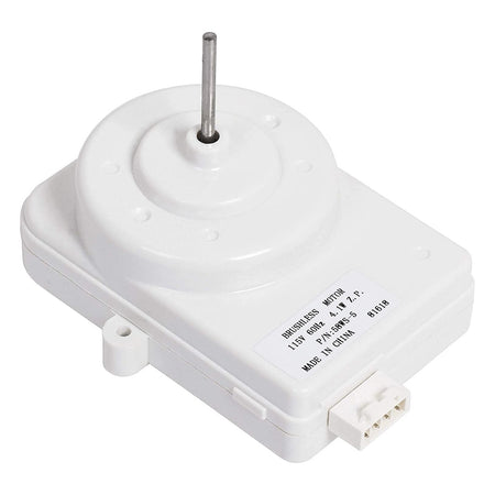 White 4-pin 115V refrigerator condenser motor with metal shaft and label detail.