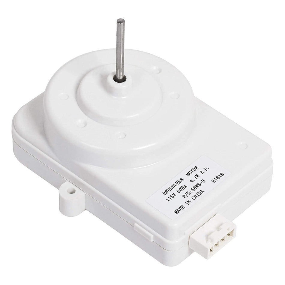 White 4-pin 115V refrigerator condenser motor with metal shaft and label detail.