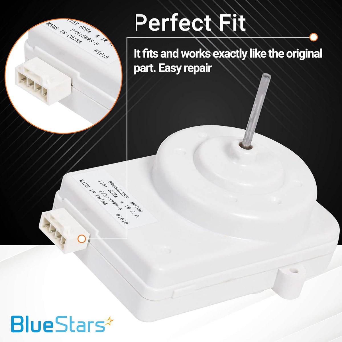 White 4-pin refrigerator condenser motor with close-up of the electrical connector and technical label.