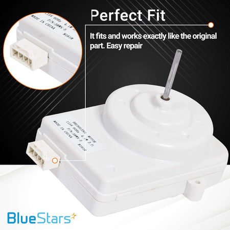 White 4-pin refrigerator condenser motor with close-up of the electrical connector and technical label.