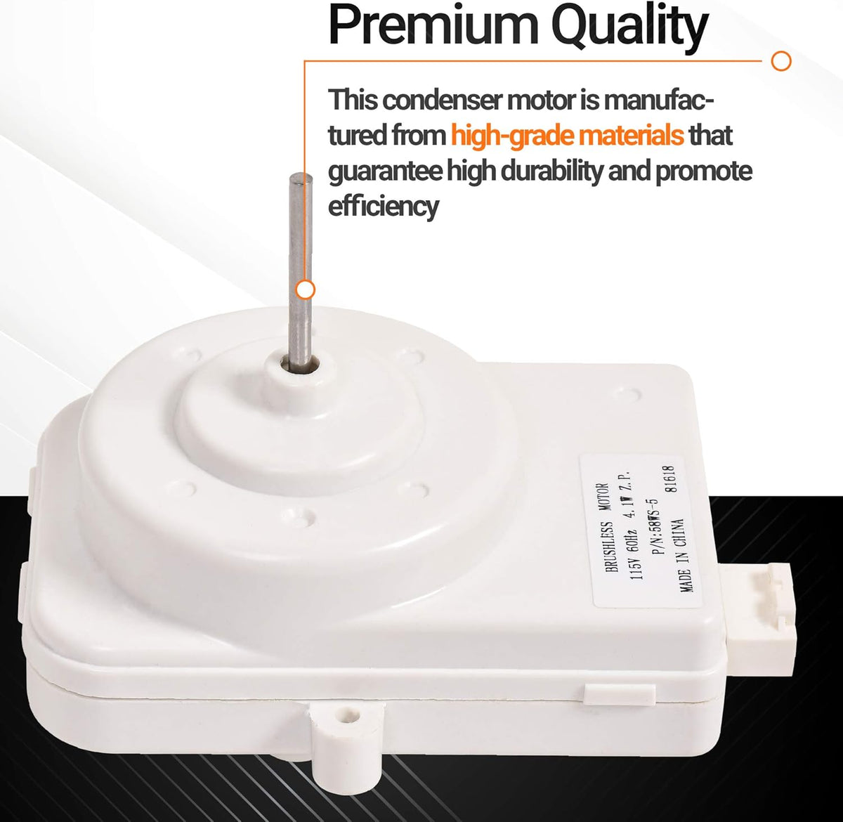 White 115V refrigerator condenser motor with shaft and label, highlighting premium quality construction.