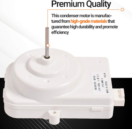 White 115V refrigerator condenser motor with shaft and label, highlighting premium quality construction.