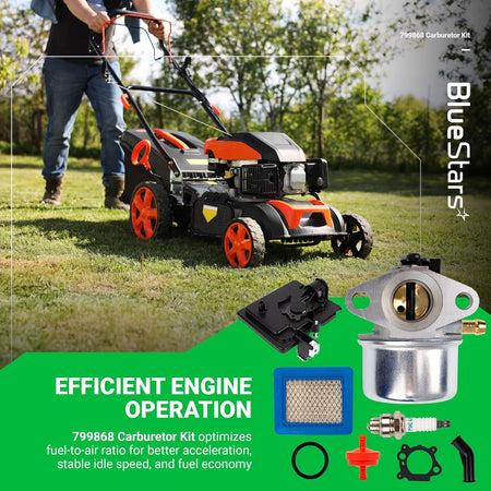 799868 carburetor kit including air filter, primer base, and spark plug for lawn mower engine maintenance.