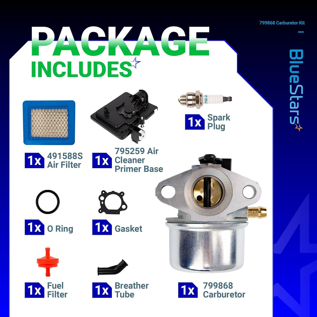 799868 carburetor maintenance kit including air filter, primer base, spark plug, gaskets, fuel filter, and breather tube.