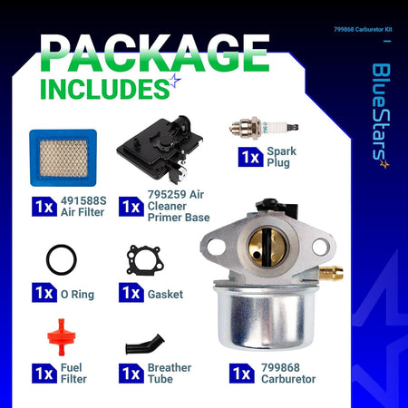 799868 carburetor maintenance kit including air filter, primer base, spark plug, gaskets, fuel filter, and breather tube.