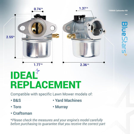799868 carburetor replacement showing front and side dimensions for lawn mower engine compatibility.