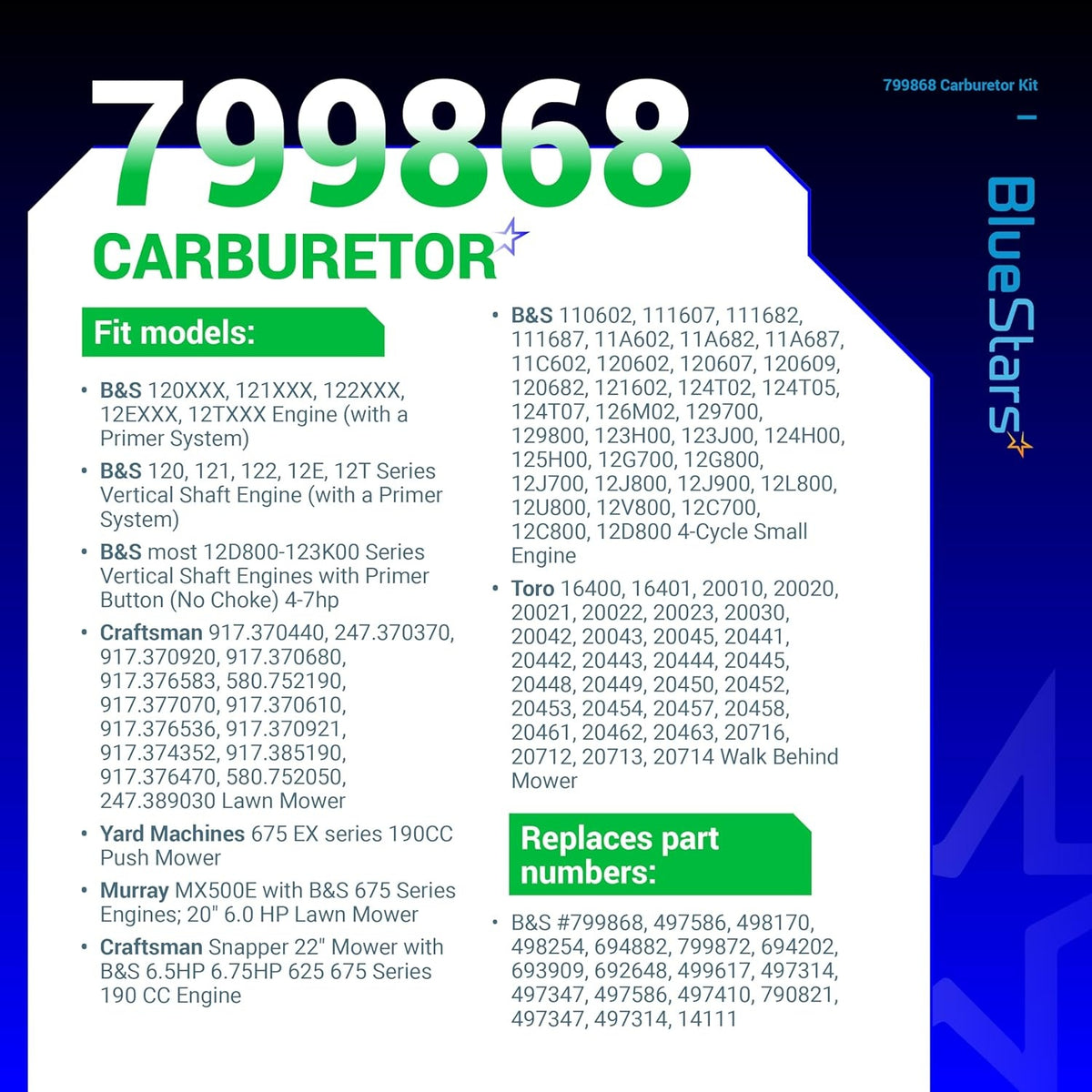 Informational chart for 799868 carburetor kit listing compatible engine models and replacement part numbers.