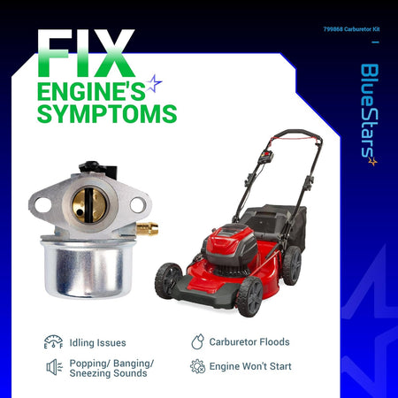 799868 carburetor replacement part shown with a lawn mower to illustrate common engine repair symptoms.