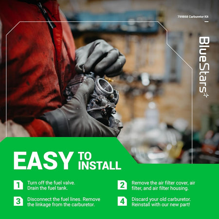 Mechanic holding a 799868 carburetor with an easy-to-follow four-step installation guide overlay.