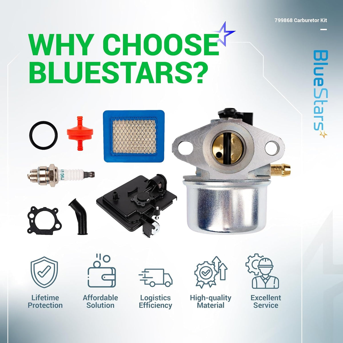 799868 carburetor replacement kit including air filter, primer base, spark plug, and fuel components for small engines.