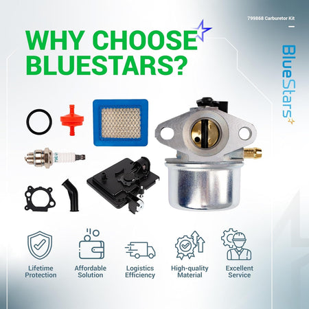 799868 carburetor replacement kit including air filter, primer base, spark plug, and fuel components for small engines.