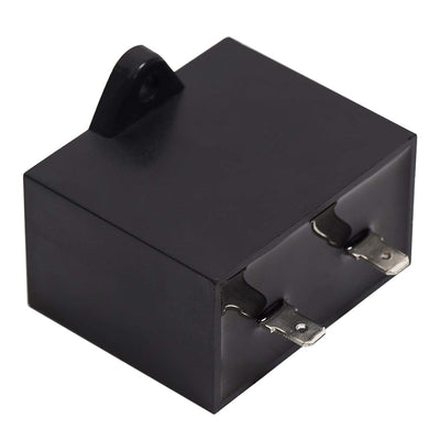 Black refrigerator run capacitor replacement part 5304464438 with two metal terminals and mounting tab.