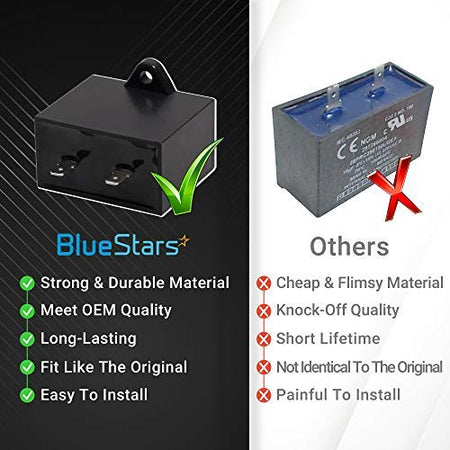 Comparison chart showing BlueStars 5304464438 refrigerator run capacitor versus generic aftermarket alternatives.