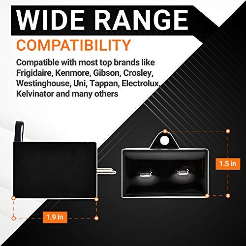 Infographic showing dimensions and wide compatibility for 5304464438 refrigerator run capacitor replacement.