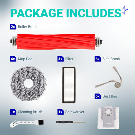 26-Pack QV 35A Replacement Parts Kit, package contents graphic with roller brush, mop pads, filter, side brushes, dust bag
