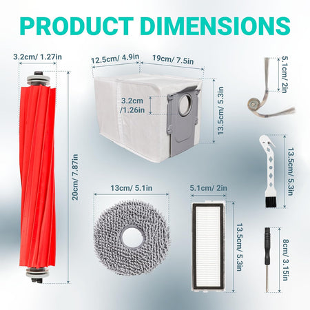 26-Pack QV 35A Replacement Parts Kit, dimensions diagram showing brush, dust bag, mop pad, filter, and cleaning tools