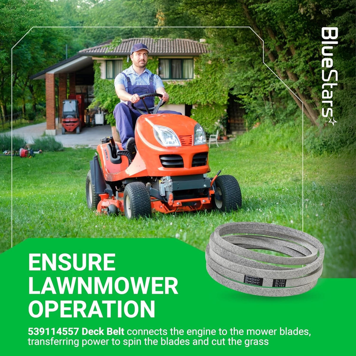 539114557 mower drive belt for Husqvarna 52 and 54-inch decks shown with a lawn tractor in a residential yard.