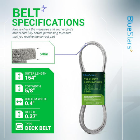 539114557 mower drive belt specification chart showing 154-inch length and 5/8-inch width dimensions.