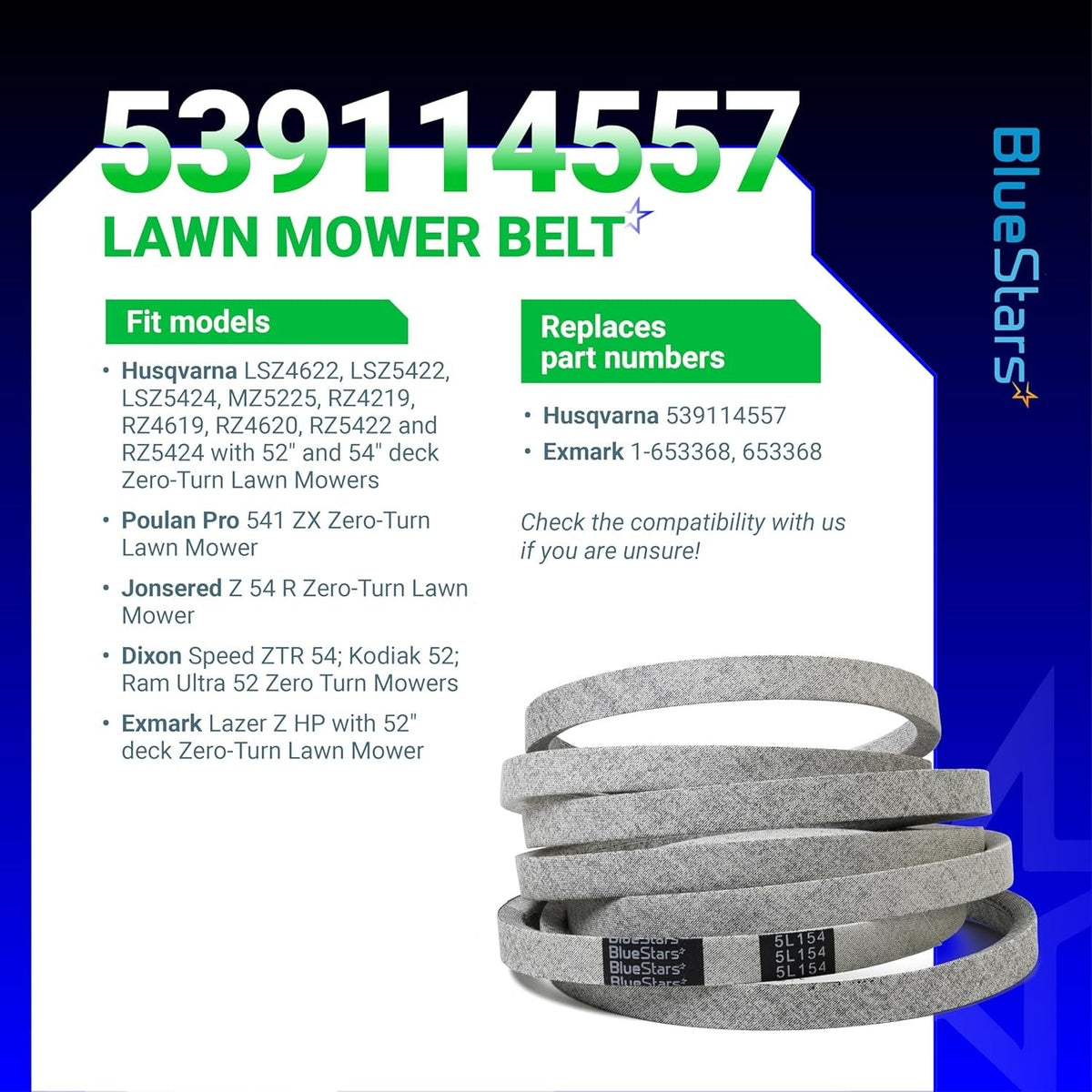 539114557 mower drive belt compatibility chart and product image for Husqvarna, Exmark, and Poulan zero-turn mowers.