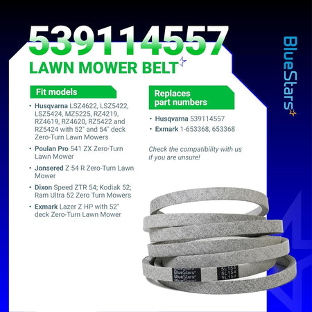539114557 mower drive belt compatibility chart and product image for Husqvarna, Exmark, and Poulan zero-turn mowers.
