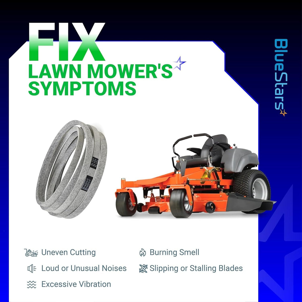 539114557 mower drive belt for Husqvarna zero-turn mowers with symptoms of wear like uneven cutting and blade stalling.