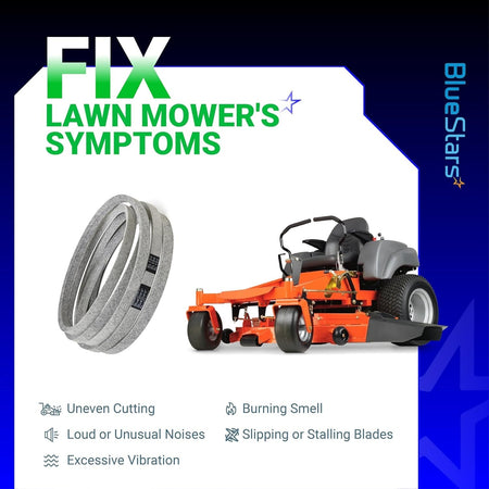 539114557 mower drive belt for Husqvarna zero-turn mowers with symptoms of wear like uneven cutting and blade stalling.