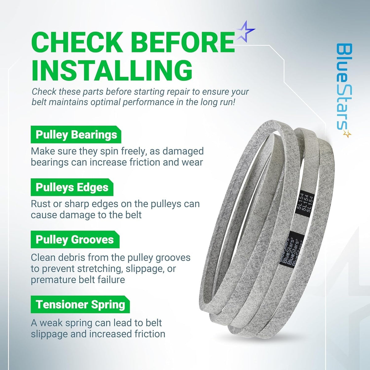 Informational graphic for 539114557 mower drive belt showing pre-installation checks for pulleys and tensioners.