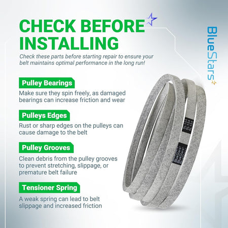 Informational graphic for 539114557 mower drive belt showing pre-installation checks for pulleys and tensioners.
