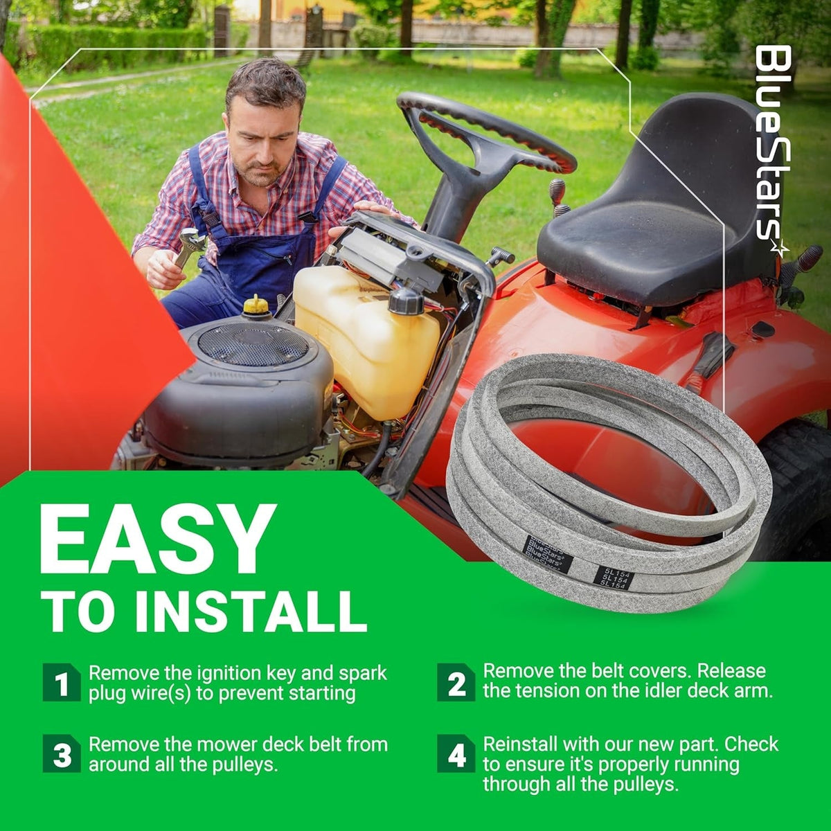 Instructional graphic showing 539114557 mower drive belt installation steps on a Husqvarna riding lawn mower.